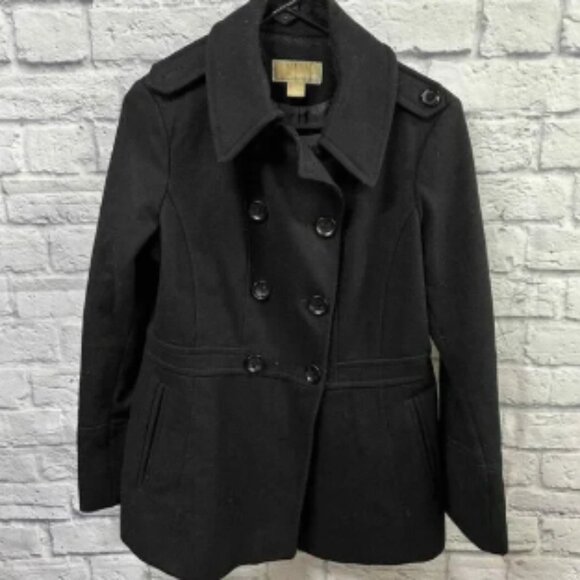 Michael Kors‎ Pea Coat Womens Medium Black Wool Long - Picture 1 of 7
